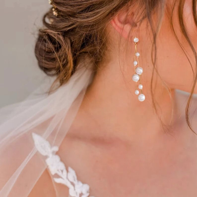 Long Pearl Wedding Earrings